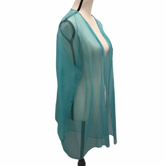 SHAMASK BEADED TURQUIOSE BLUE SILK ORGANZA OPEN JACKET - Picture 8 of 13